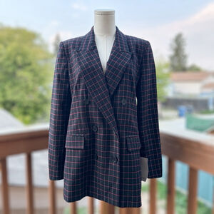 Zara Basic Black Red Plaid Double-Breasted Blazer Women Sz Small